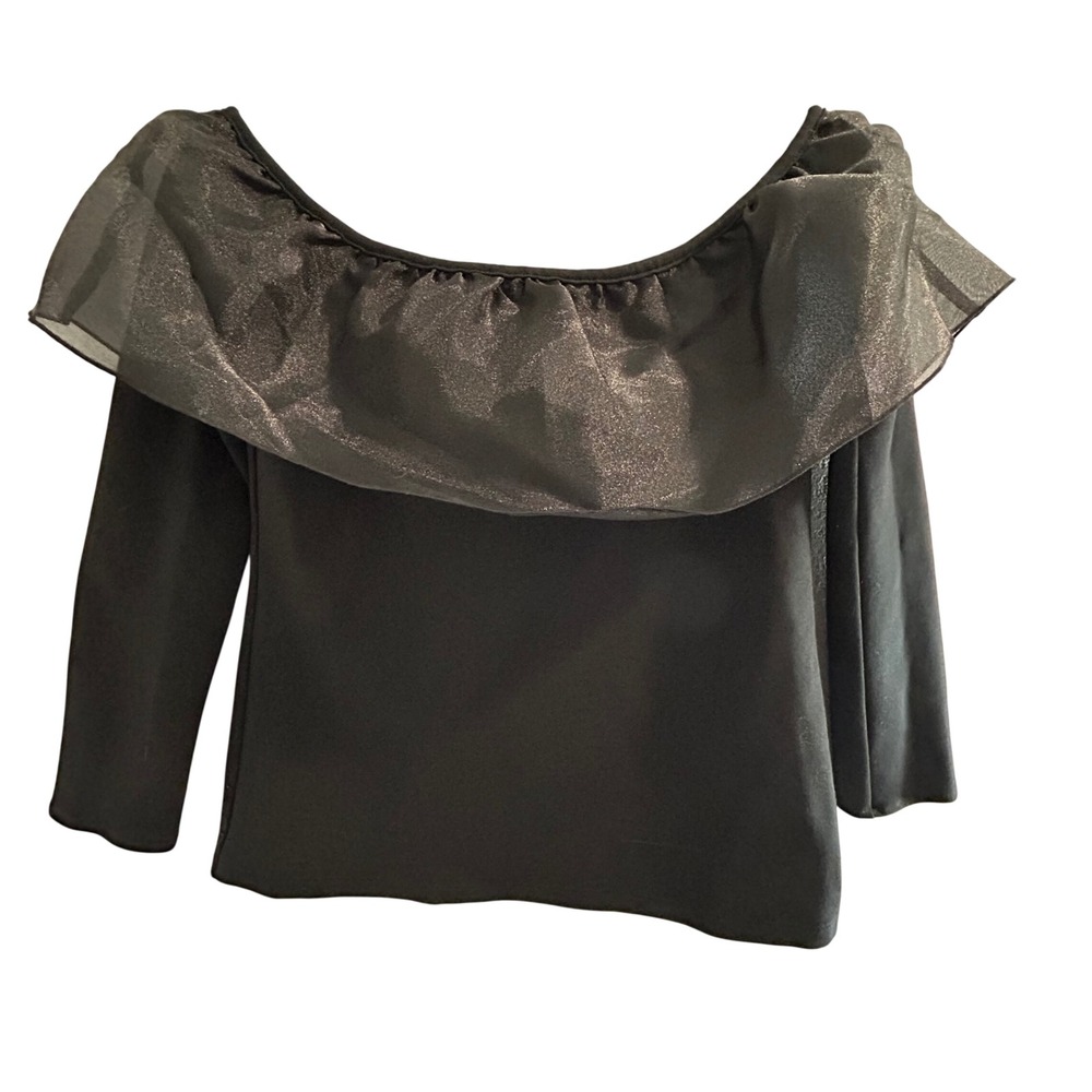 J. Crew Black Off the Shoulder Ruffle Ponte Top Sheer Organza 3/4 Sleeve Small
